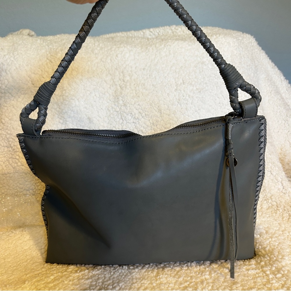 THE SAK Mariposa Shoulder Bag in Gray Leather with Whipstitch Trim